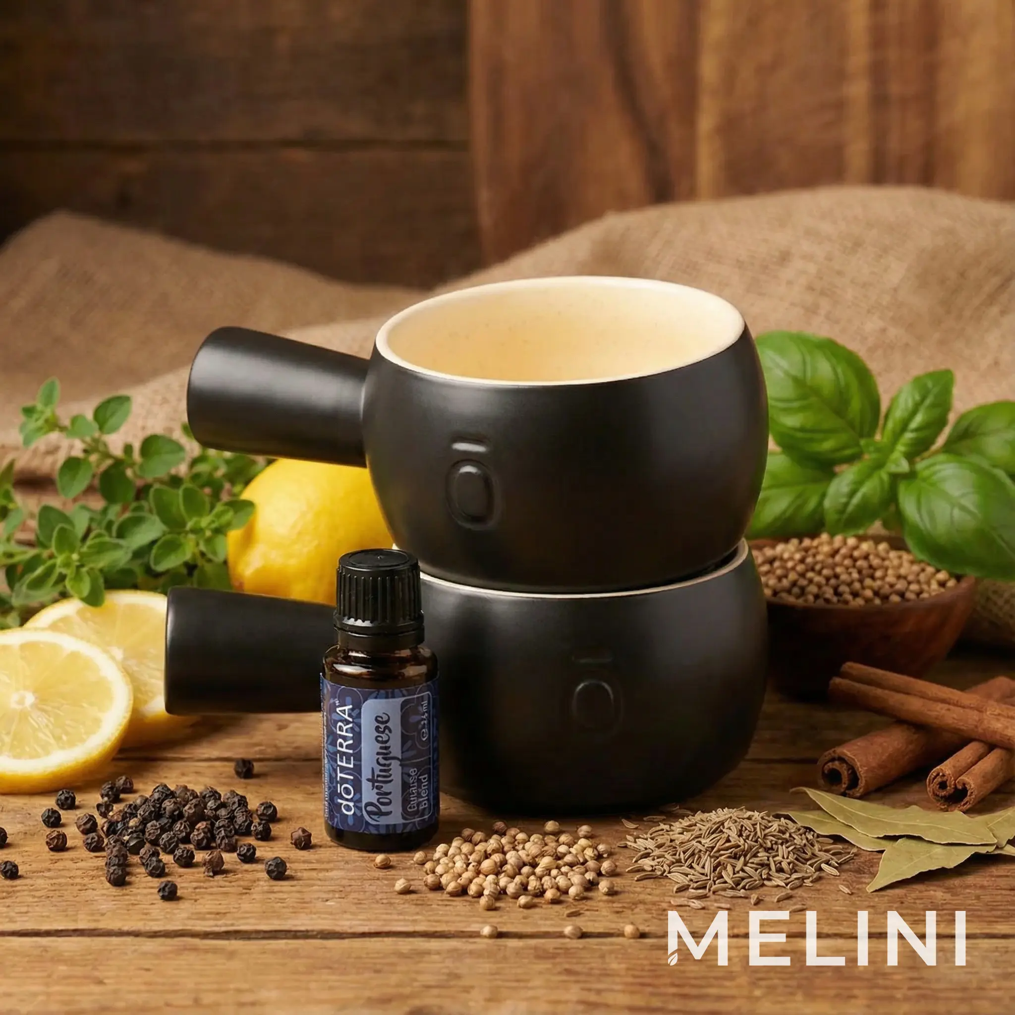 dōTERRA Soup Bowl Set and Portuguese Flavours Blend — alternate view of the bottle and packaging
