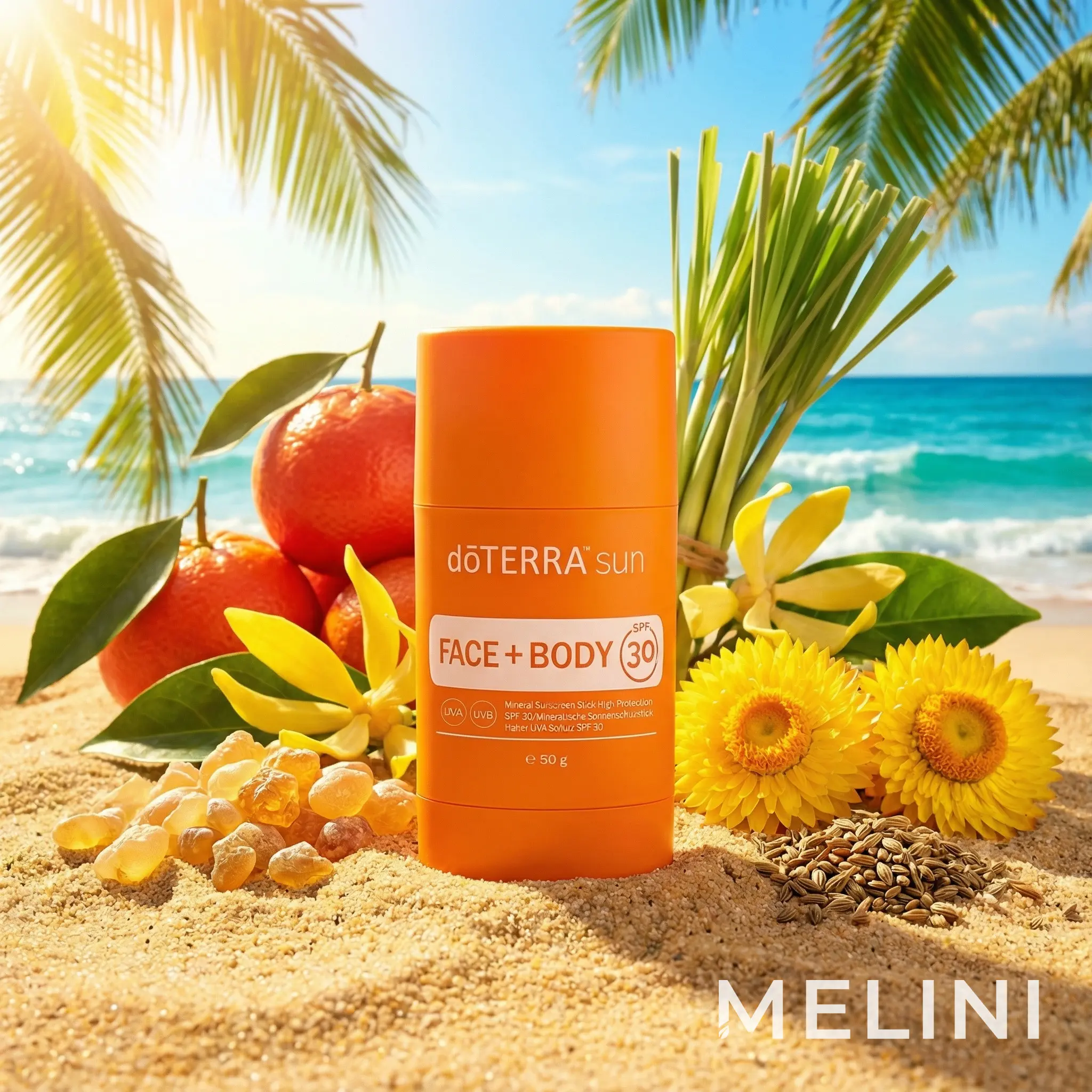 dōTERRA sun mineral sunscreen stick for face and body — alternate view of the bottle and packaging