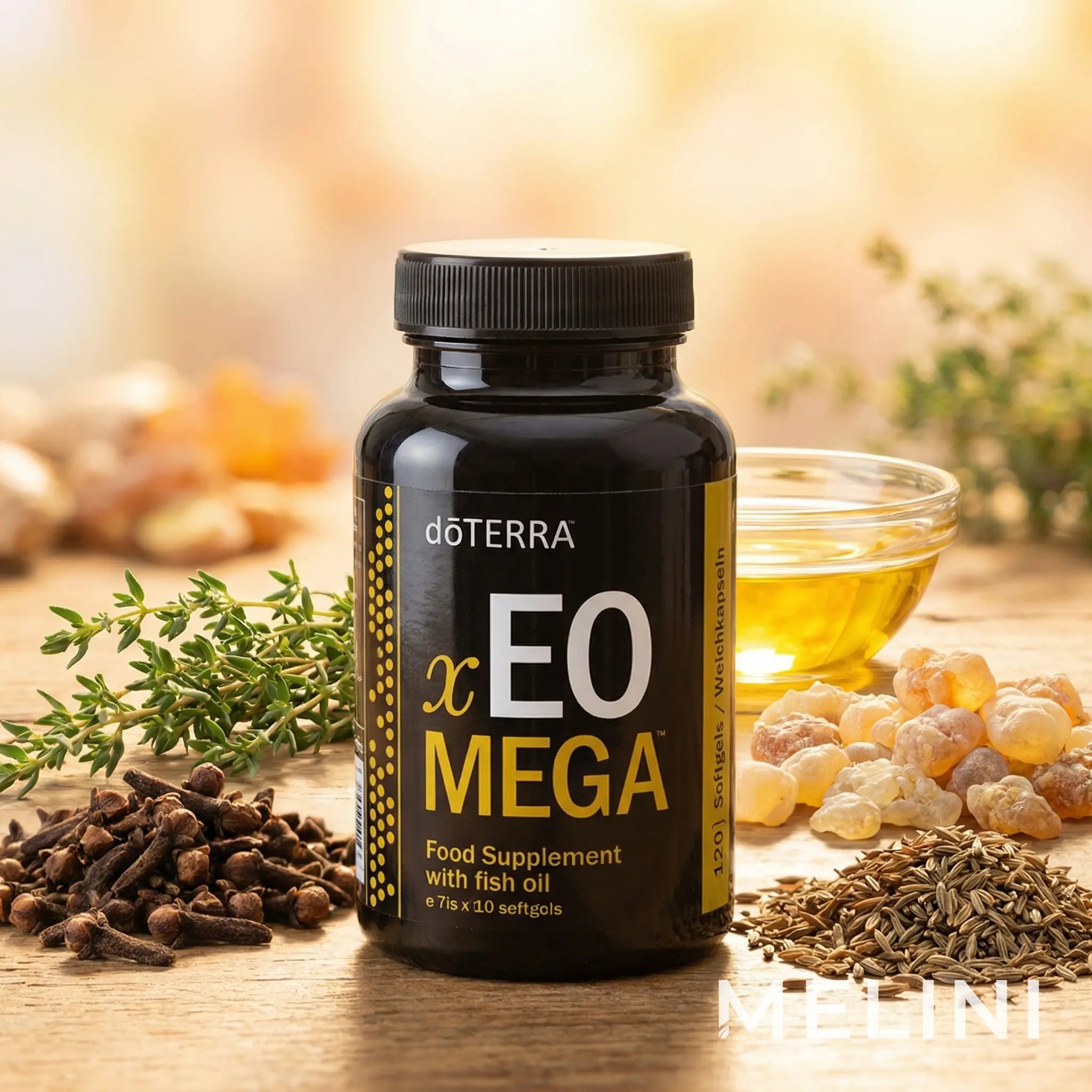 dōTERRA xEO MEGA — alternate view of the bottle and packaging