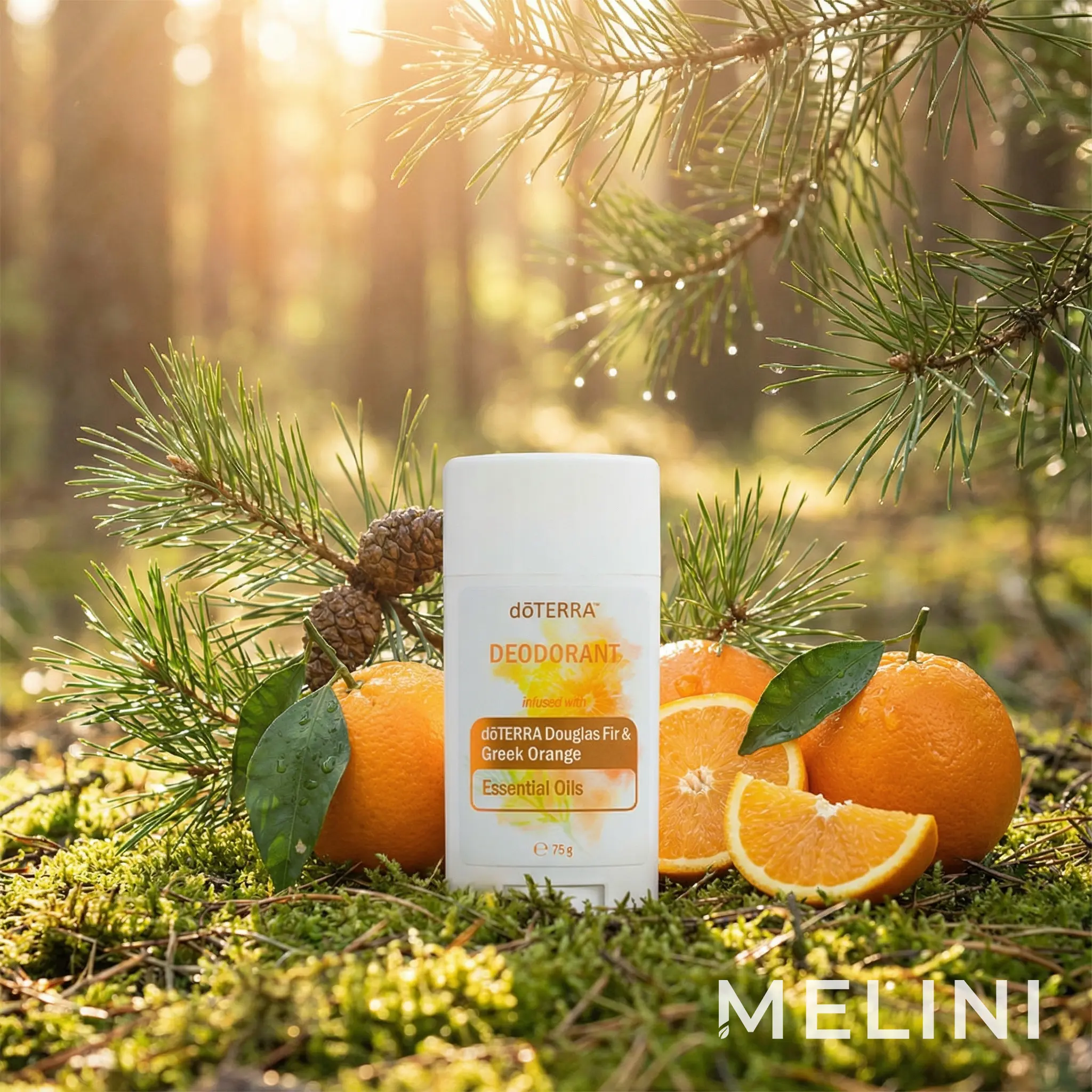 dōTERRA deodorant with the scent of Douglas fir and Greek orange — alternate view of the bottle and packaging