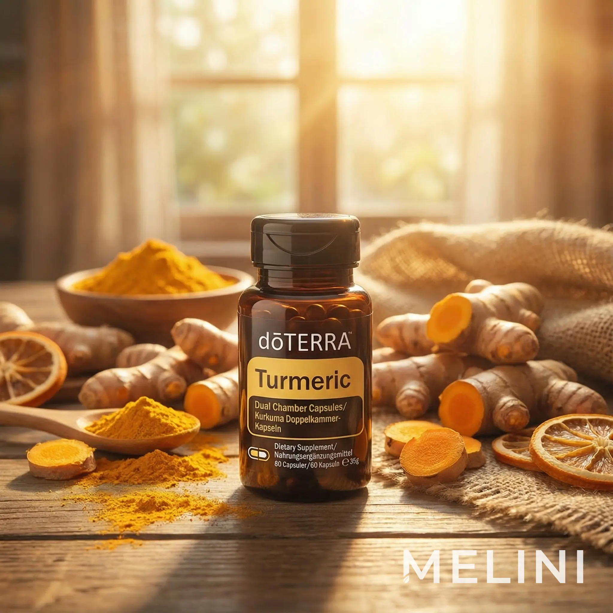 dōTERRA Turmeric Dual Chamber Capsules — alternate view of the bottle and packaging