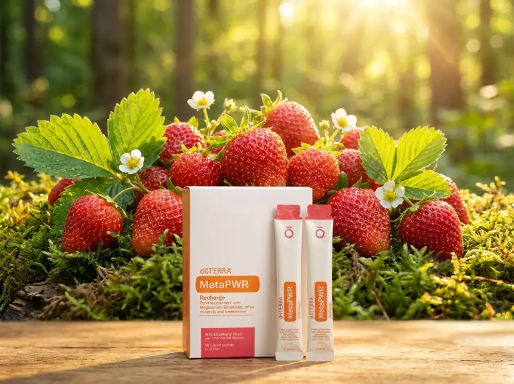 dōTERRA MetaPWR Recharge – Wild Strawberry flavour — alternate view of the bottle and packaging