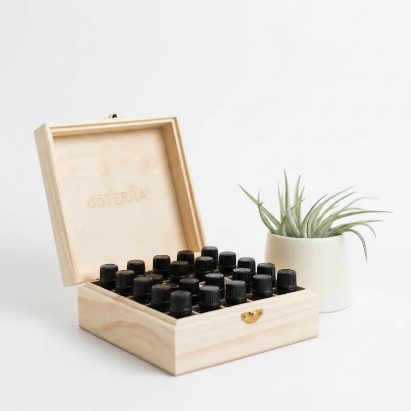 dōTERRA Logo Engraved Wooden Box — alternate view of the bottle and packaging
